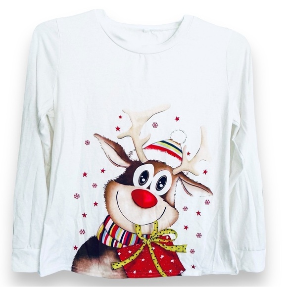 Adorable Christmas Reindeer Long Sleeve White Tee - Picture 1 of 3